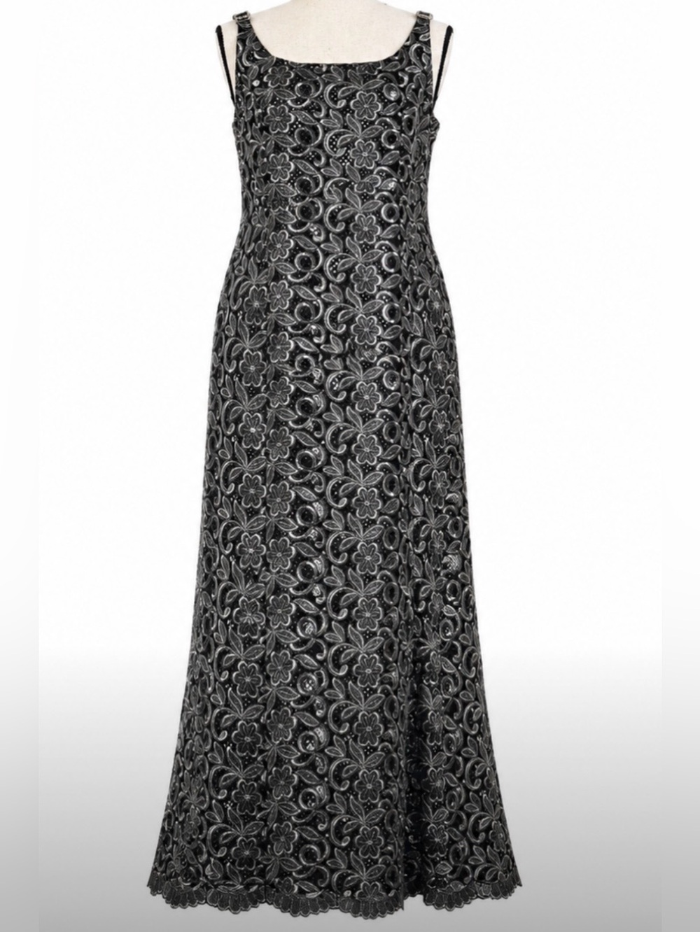 ASPEED Black Silver Metallic Lace Formal Gown Glam Rhinestone Mob Wife Dress